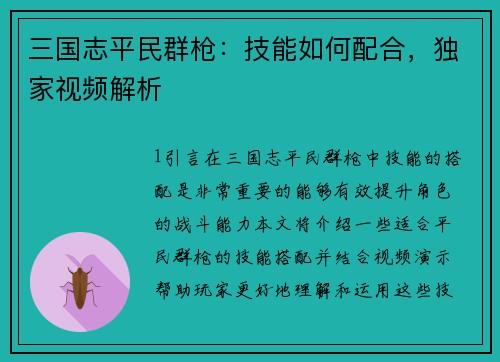 三国志平民群枪：技能如何配合，独家视频解析